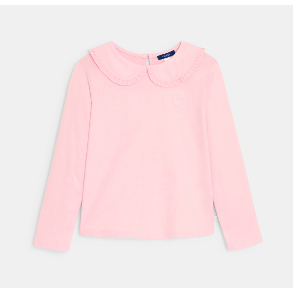 تيشيرت بأكمام طويلة وياقة كلودين، باللون الوردي، للفتيات